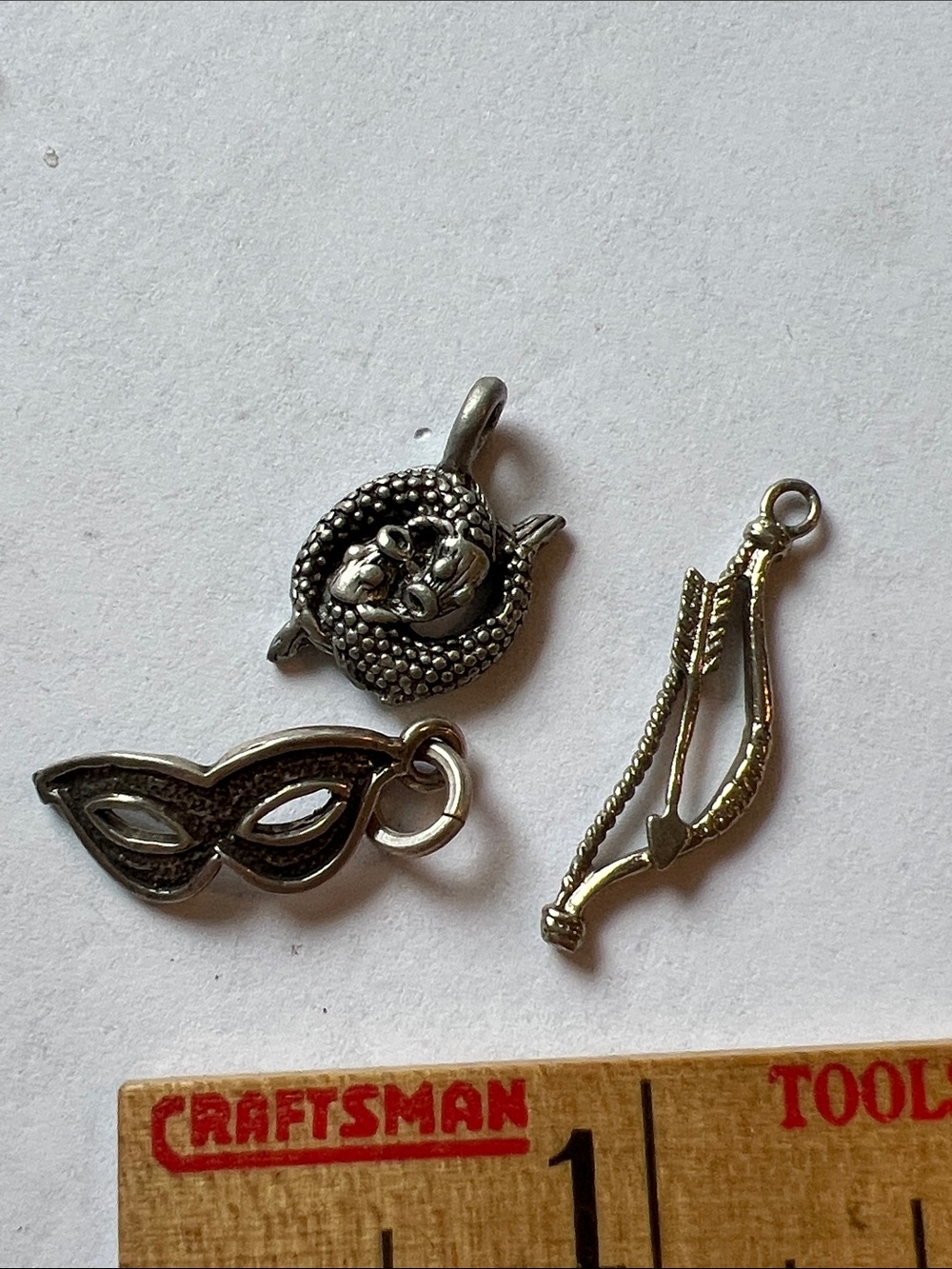 3 Vintage Sterling Silver charms mask arrow bow fish